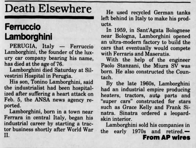 Artigo sobre a morte de Ferruccio Lombardhini em 1993