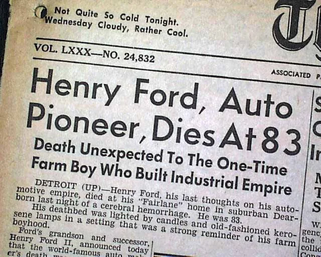 Artigo sobre a morte de Henry Ford 1947