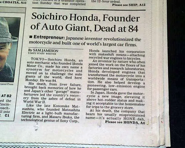 Primeira cobertura do relatório sobre a morte de Soichiro Honda - Los Angeles Times 1991